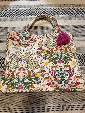 Floral & Leopard Canvas Tote Bag with Pink Tassel